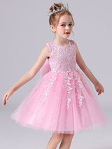 Pink Jewel Neck Lace Bows Formal Kids Pageant flower girl dresses-Dbrbridal
