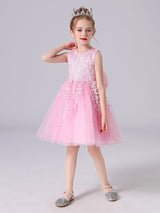 Pink Jewel Neck Lace Bows Formal Kids Pageant flower girl dresses-Dbrbridal