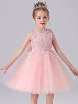Pink Jewel Neck Lace Bows Formal Kids Pageant flower girl dresses-Dbrbridal