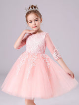 Pink Jewel Neck Lace Half Sleeves Short Princess Dress Kids Social Party Dresses-Dbrbridal