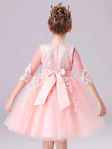 Pink Jewel Neck Lace Half Sleeves Short Princess Dress Kids Social Party Dresses-Dbrbridal