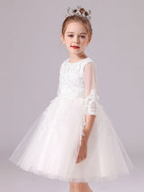 Pink Jewel Neck Lace Half Sleeves Short Princess Dress Kids Social Party Dresses-Dbrbridal