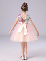 Pink Jewel Neck Polyester Sleeveless Short A-Line Tulle Sequins Kids Party Dresses-Dbrbridal