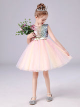 Pink Jewel Neck Polyester Sleeveless Short A-Line Tulle Sequins Kids Party Dresses-Dbrbridal