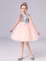 Pink Jewel Neck Polyester Sleeveless Short A-Line Tulle Sequins Kids Party Dresses-Dbrbridal