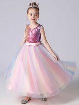 Pink Jewel Neck Sequined Sleeveless Ankle-Length Princess Dress Bows Kids Party Dresses-Dbrbridal