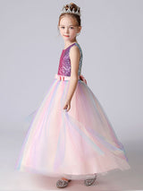Pink Jewel Neck Sequined Sleeveless Ankle-Length Princess Dress Bows Kids Party Dresses-Dbrbridal