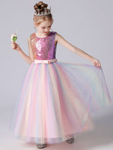 Pink Jewel Neck Sequined Sleeveless Ankle-Length Princess Dress Bows Kids Party Dresses-Dbrbridal