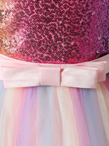 Pink Jewel Neck Sequined Sleeveless Ankle-Length Princess Dress Bows Kids Party Dresses-Dbrbridal