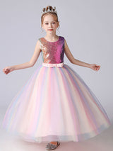 Pink Jewel Neck Sequined Sleeveless Ankle-Length Princess Dress Bows Kids Party Dresses-Dbrbridal