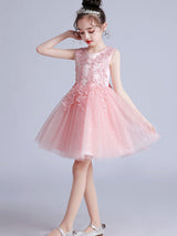 Pink Jewel Neck Short Sleeves Embroidered Formal Kids Pageant flower girl dresses-Dbrbridal