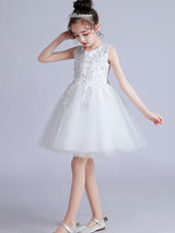 Pink Jewel Neck Short Sleeves Embroidered Formal Kids Pageant flower girl dresses-Dbrbridal