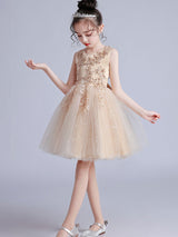 Pink Jewel Neck Short Sleeves Embroidered Formal Kids Pageant flower girl dresses-Dbrbridal