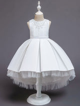 Pink Jewel Neck Sleeveless A-Line Bows Flowers Polyester Cotton Tulle Polyester Formal Kids Pageant flower girl dresses-Dbrbridal