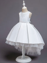 Pink Jewel Neck Sleeveless A-Line Bows Flowers Polyester Cotton Tulle Polyester Formal Kids Pageant flower girl dresses-Dbrbridal