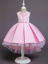 Pink Jewel Neck Sleeveless A-Line Bows Flowers Polyester Cotton Tulle Polyester Formal Kids Pageant flower girl dresses-Dbrbridal