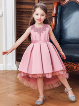 Pink Jewel Neck Sleeveless A-Line Bows Flowers Polyester Cotton Tulle Polyester Formal Kids Pageant flower girl dresses-Dbrbridal