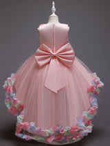 Pink Jewel Neck Sleeveless Bows Flowers Tulle Polyester Cotton Formal Kids Pageant flower girl dresses-Dbrbridal