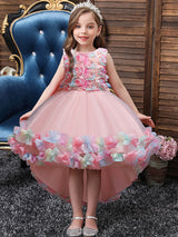 Pink Jewel Neck Sleeveless Bows Flowers Tulle Polyester Cotton Formal Kids Pageant flower girl dresses-Dbrbridal