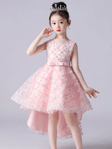 Pink Jewel Neck Sleeveless Bows Formal Kids Pageant flower girl dressesLace Princess Dress-Dbrbridal