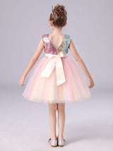 Pink Jewel Neck Sleeveless Bows Kids Social Party Dresses Sequined Tulle Short Dress-Dbrbridal