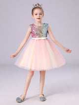 Pink Jewel Neck Sleeveless Bows Kids Social Party Dresses Sequined Tulle Short Dress-Dbrbridal