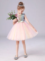 Pink Jewel Neck Sleeveless Bows Kids Social Party Dresses Sequined Tulle Short Dress-Dbrbridal