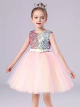 Pink Jewel Neck Sleeveless Bows Kids Social Party Dresses Sequined Tulle Short Dress-Dbrbridal