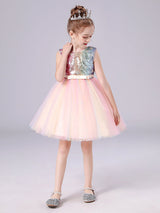 Pink Jewel Neck Sleeveless Bows Kids Social Party Dresses Sequined Tulle Short Dress-Dbrbridal