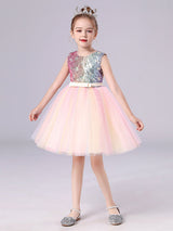 Pink Jewel Neck Sleeveless Bows Kids Social Party Dresses Sequined Tulle Short Dress-Dbrbridal