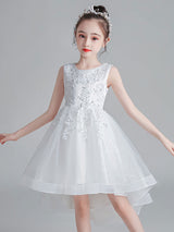 Pink Jewel Neck Sleeveless Lace Tulle Polyester Embroidered Kids Party Dresses-Dbrbridal