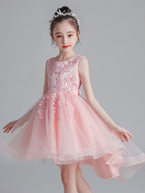 Pink Jewel Neck Sleeveless Lace Tulle Polyester Embroidered Kids Party Dresses-Dbrbridal
