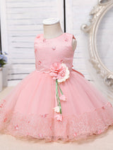 Pink Jewel Neck Sleeveless Polyester Cotton Tulle Flowers Kids Party Dresses-Dbrbridal