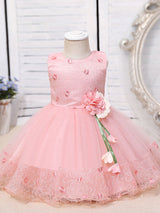 Pink Jewel Neck Sleeveless Polyester Cotton Tulle Flowers Kids Party Dresses-Dbrbridal