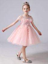 Pink Jewel Neck Sleeveless Short Princess Lace flower girl dresses-Dbrbridal
