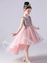Pink Jewel Neck Sleeveless Short Princess Lace Flowers Kids Social Party Dresses-Dbrbridal