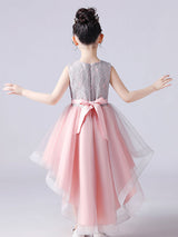 Pink Jewel Neck Sleeveless Short Princess Lace Flowers Kids Social Party Dresses-Dbrbridal