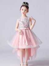 Pink Jewel Neck Sleeveless Short Princess Lace Flowers Kids Social Party Dresses-Dbrbridal