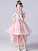 Pink Jewel Neck Sleeveless Short Princess Lace Flowers Kids Social Party Dresses-Dbrbridal