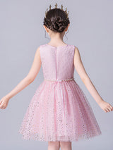Pink Jewel Neck Tulle Sleeveless Short Pearls Formal Kids Pageant flower girl dresses-Dbrbridal