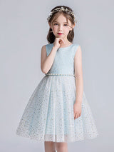 Pink Jewel Neck Tulle Sleeveless Short Pearls Formal Kids Pageant flower girl dresses-Dbrbridal
