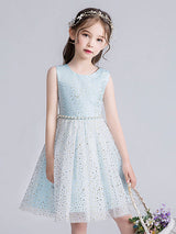 Pink Jewel Neck Tulle Sleeveless Short Pearls Formal Kids Pageant flower girl dresses-Dbrbridal