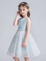 Pink Jewel Neck Tulle Sleeveless Short Pearls Formal Kids Pageant flower girl dresses-Dbrbridal
