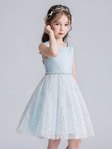 Pink Jewel Neck Tulle Sleeveless Short Pearls Formal Kids Pageant flower girl dresses-Dbrbridal
