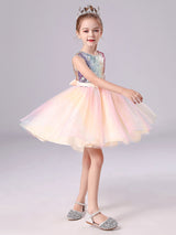 Pink Jewel Neck Tulle Sleeveless Short Princess Dress Bows Formal Kids Pageant flower girl dresses-Dbrbridal