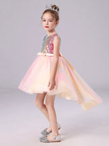 Pink Jewel Neck Tulle Sleeveless Short Princess Dress Bows Formal Kids Pageant flower girl dresses-Dbrbridal