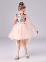 Pink Jewel Neck Tulle Sleeveless Short Princess Dress Bows Formal Kids Pageant flower girl dresses-Dbrbridal