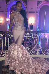 Pink Lace Party Dresses Mermaid Evening Gowns With Bottom Flowers-Dbrbridal