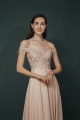 Pink Lace-up Off-the-shoulder Chiffon Formal Dress Online-Dbrbridal