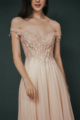 Pink Lace-up Off-the-shoulder Chiffon Formal Dress Online-Dbrbridal